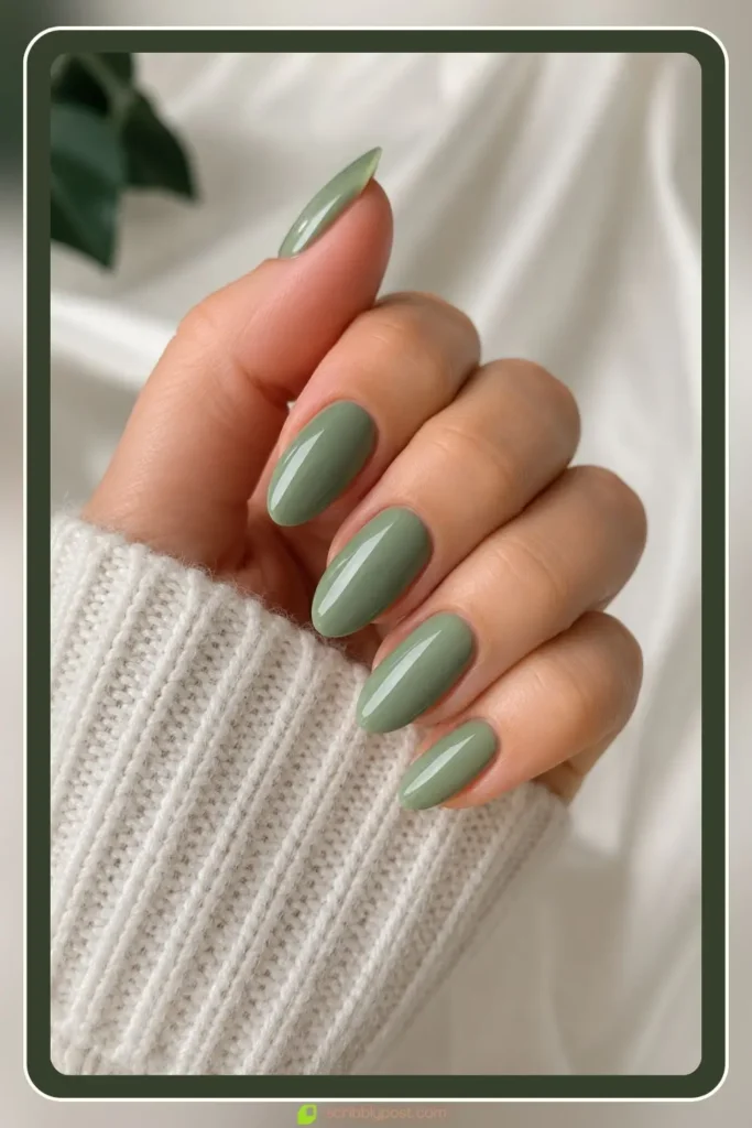 Classic sage green gel nails in glossy solid on almond shape