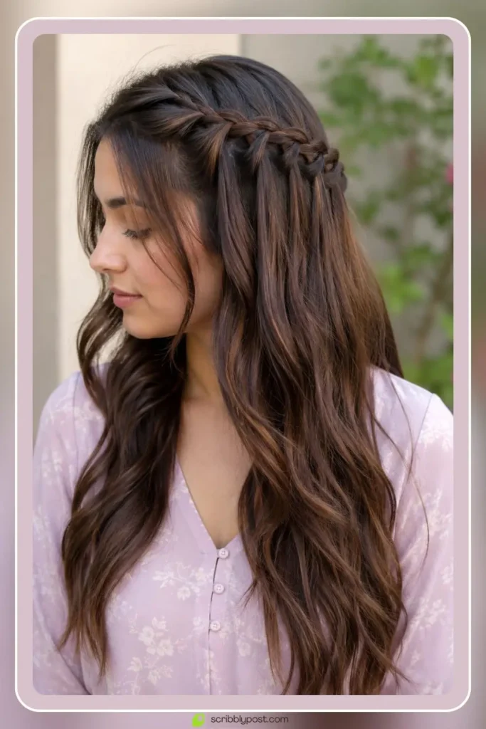Classic side waterfall braid cascading along loose hair