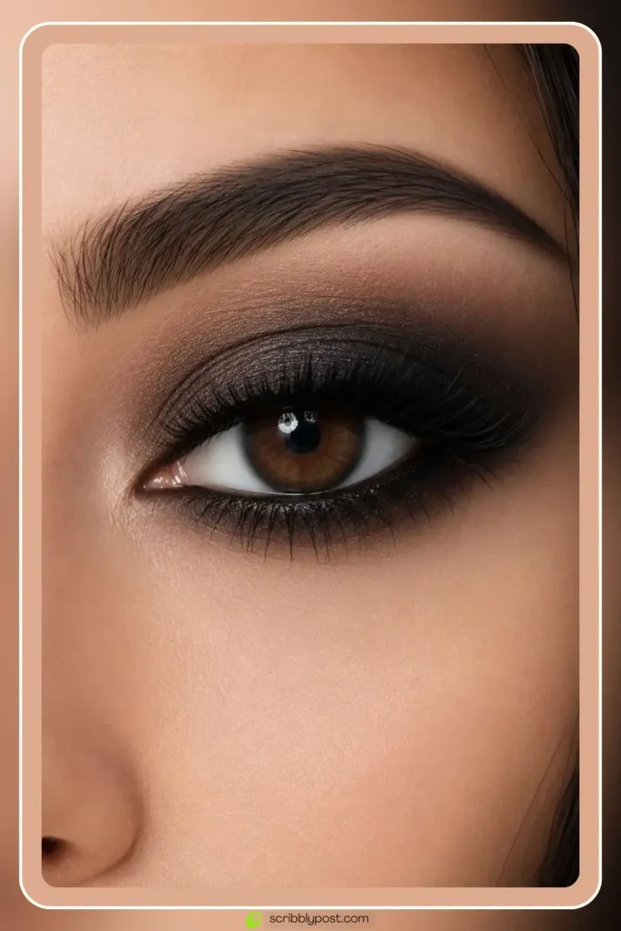 Classic smokey eye makeup in blended charcoal gradient