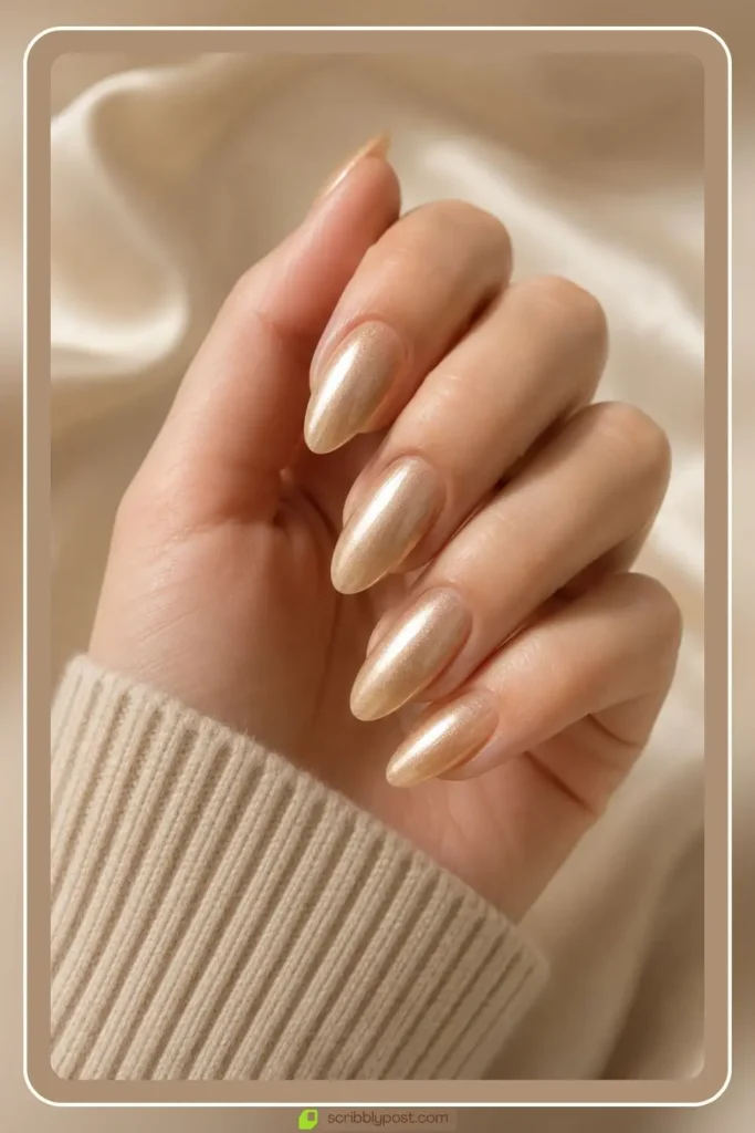 Classy champagne gold nails with soft warm shimmer on almond shape