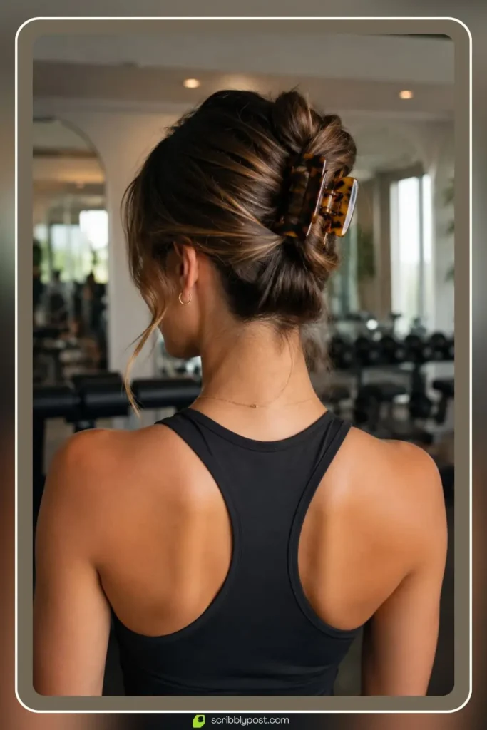 Hair twisted up the back and clamped with a claw clip, Claw Clip French Twist, sporty hairstyle for gym sessions