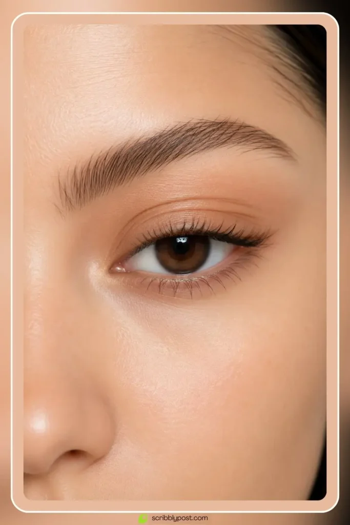 Clean girl eye makeup with sheer wash and groomed lashes