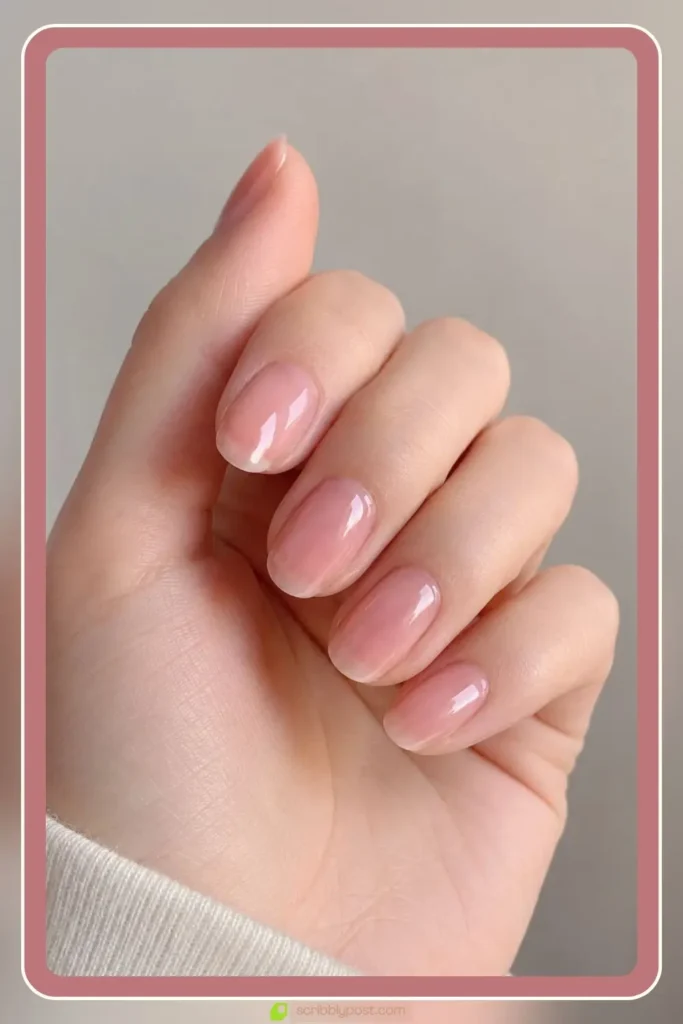 Clear pink nails with sheer glass wash on natural nails