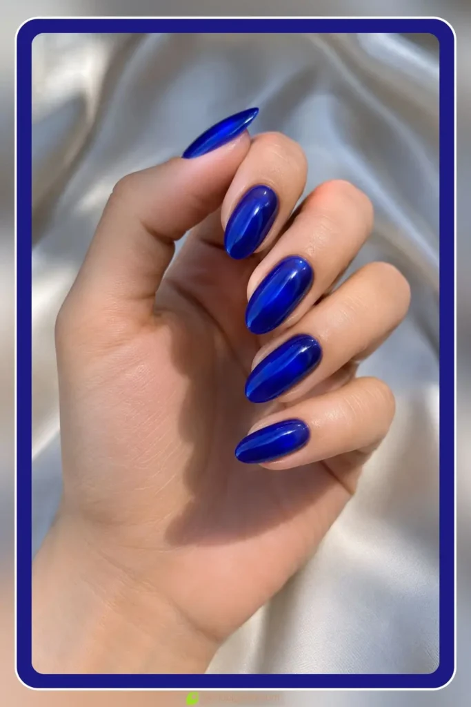 Bright glossy translucent cobalt blue glass nails for summer