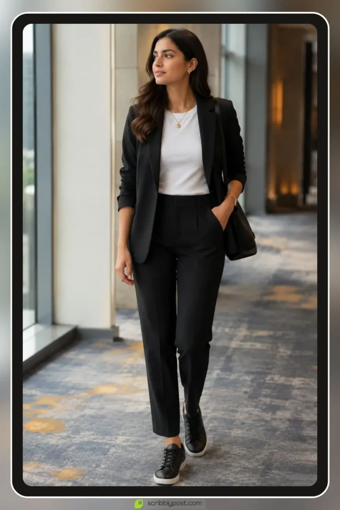 Conference outfit with polished separates and comfortable shoes
