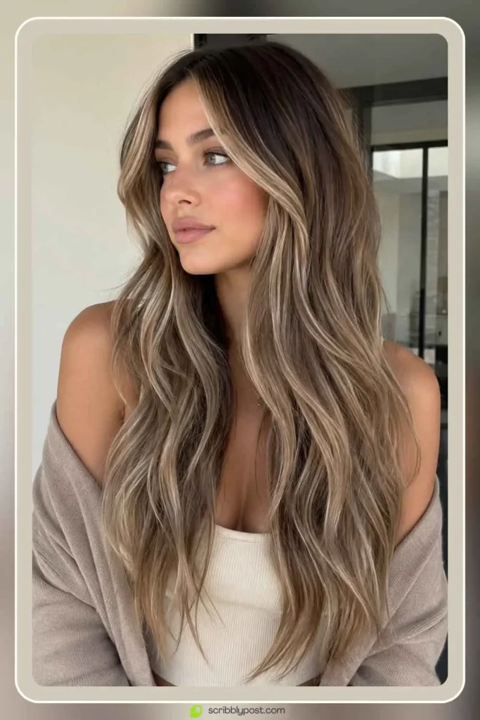 Cool brown and dirty blonde highlight combination on long hair