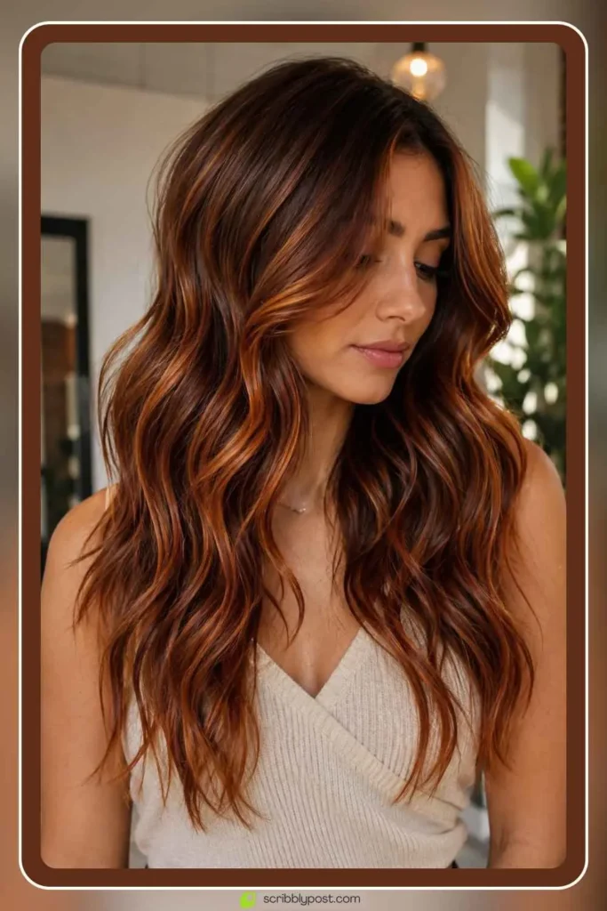 Copper balayage hair color with warm amber melted tones