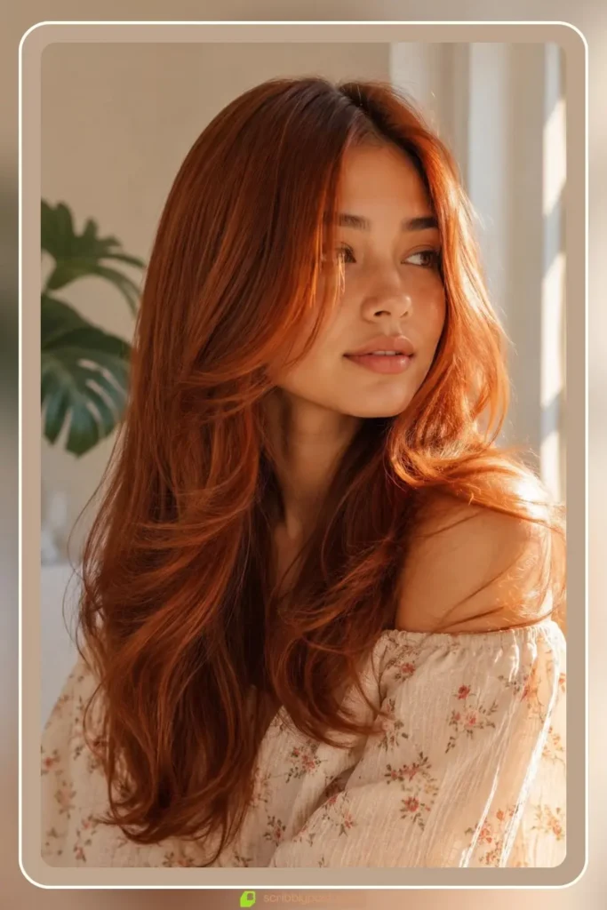 Copper penny hair tint with bright metallic orange shine