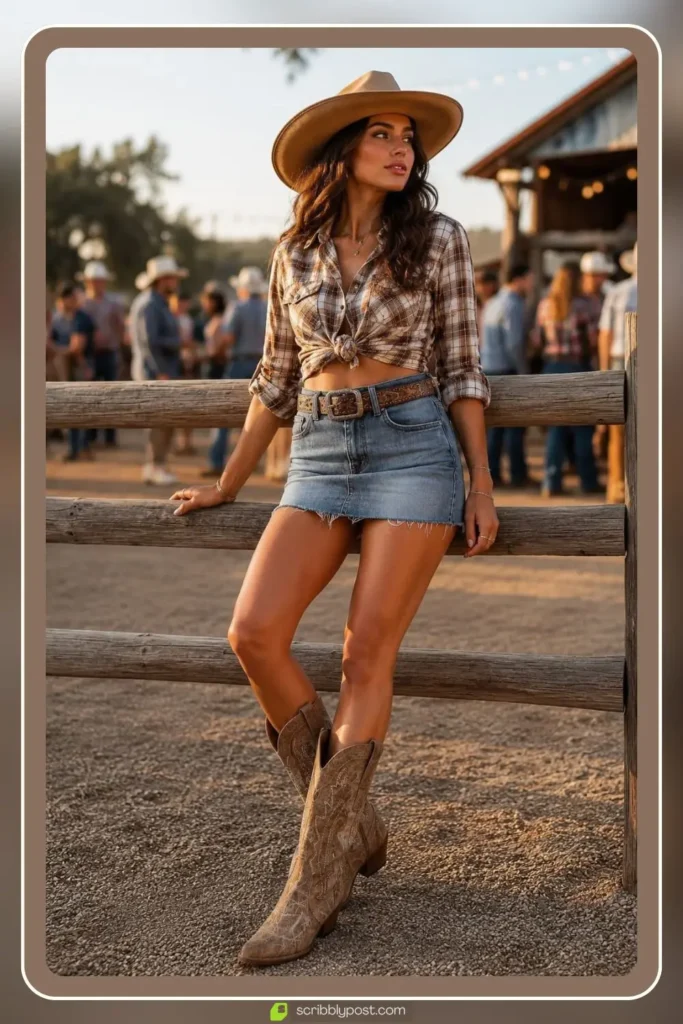 Country concert outfit with denim mini skirt, cowboy boots, and western leather belt