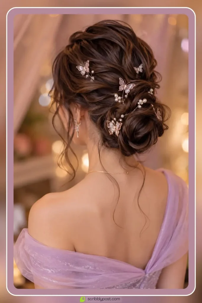 Twisted bun hairstyle with crystal butterfly clip accents