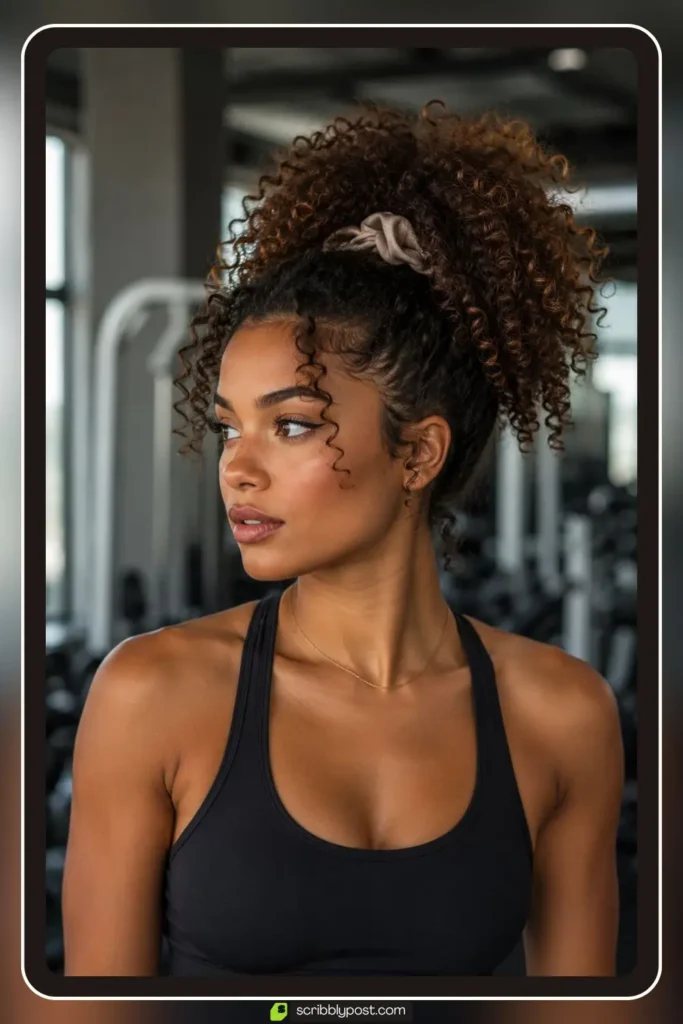 Curls gathered into a high loose ponytail with a silk scrunchie, Curly Pineapple Ponytail, sporty hairstyle for curly hair