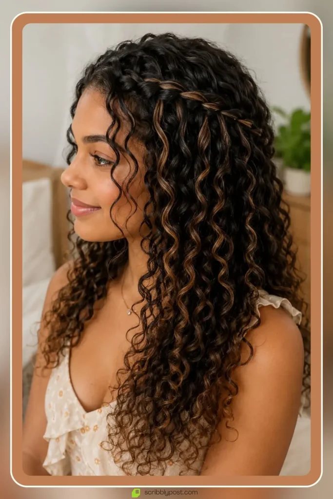 Curly waterfall braid woven through natural curls