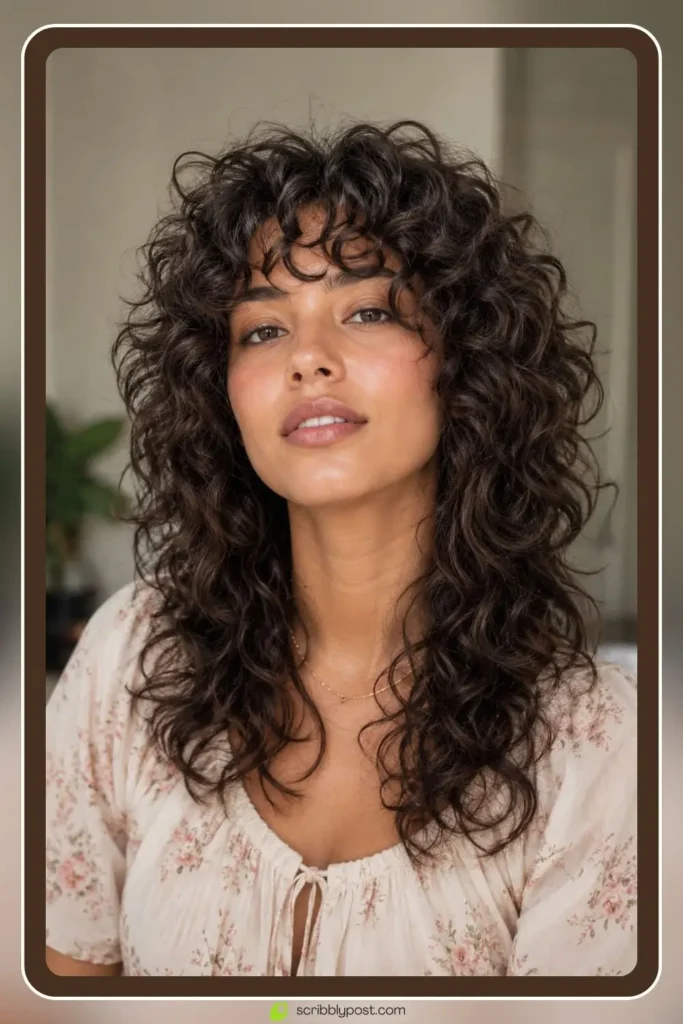 Curly wolf cut hairstyle with defined bouncy shaggy curls