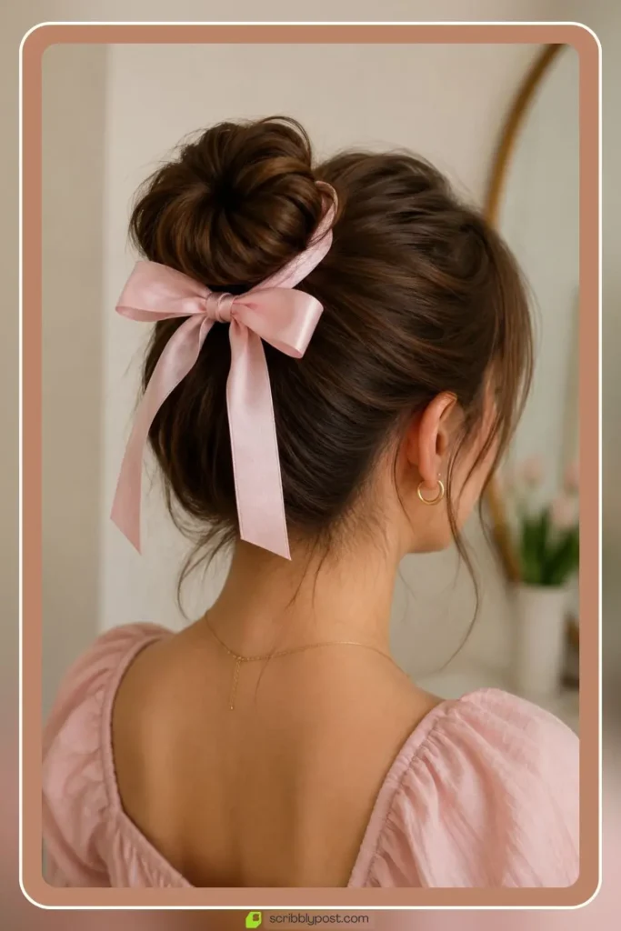 Cute bun hairstyle with hair bow tied at the base