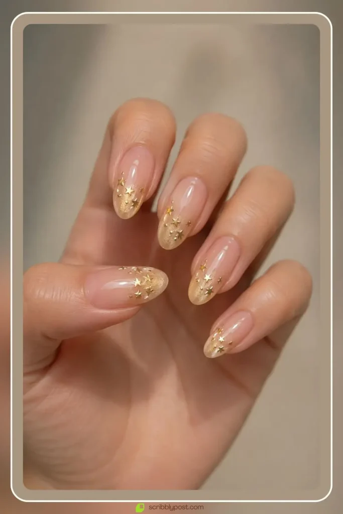 Cute gold nails with tiny star stickers on sheer glowing base