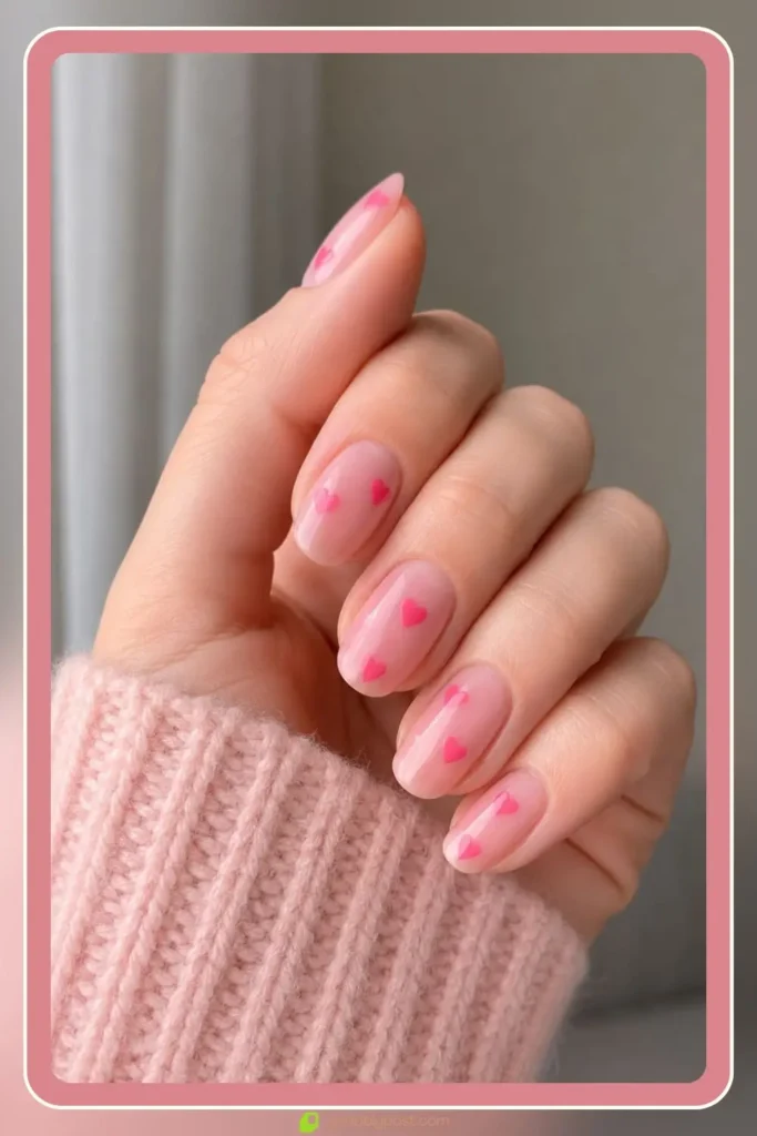 Cute pink nails with tiny heart details on sheer base