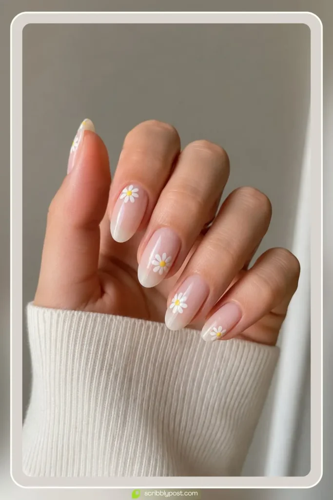 Cute white nails with tiny daisy art on sheer base