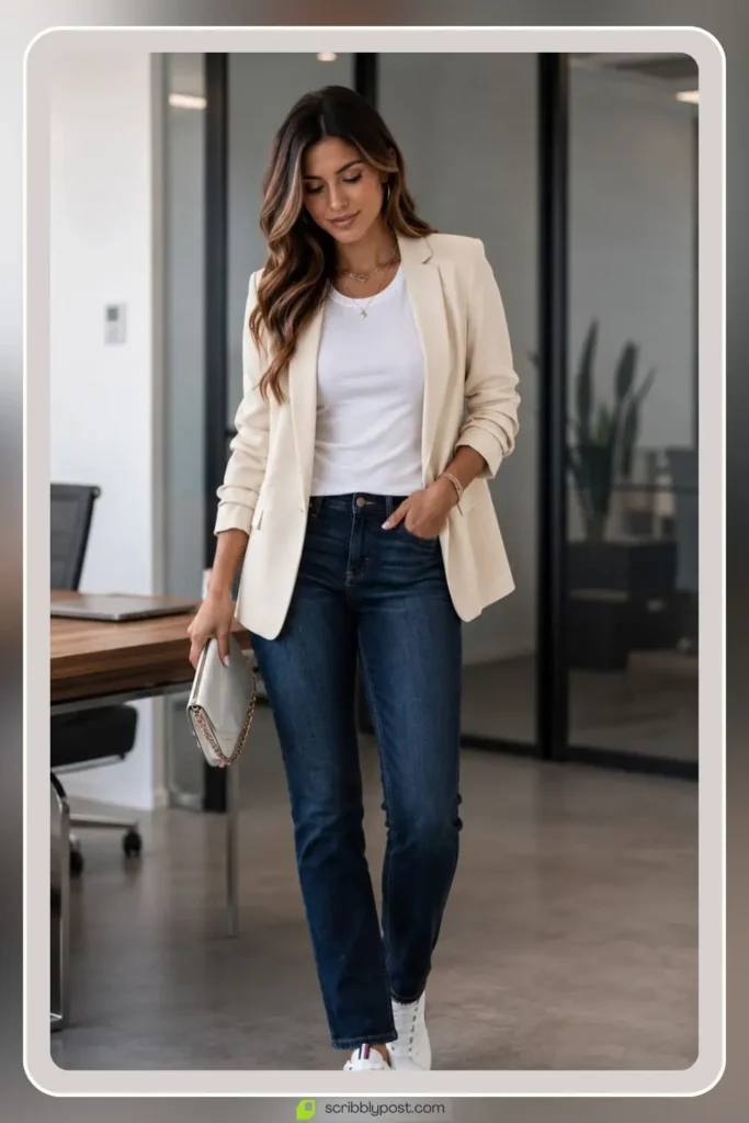 Dark wash jeans with blazer smart casual friday outfit