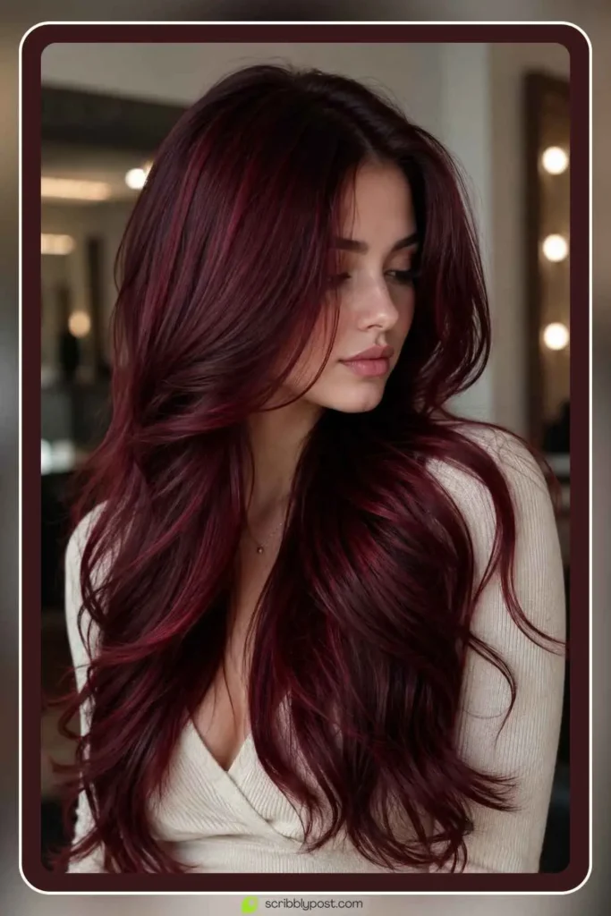 Deep burgundy wine hair color with brightening contrast on long hair