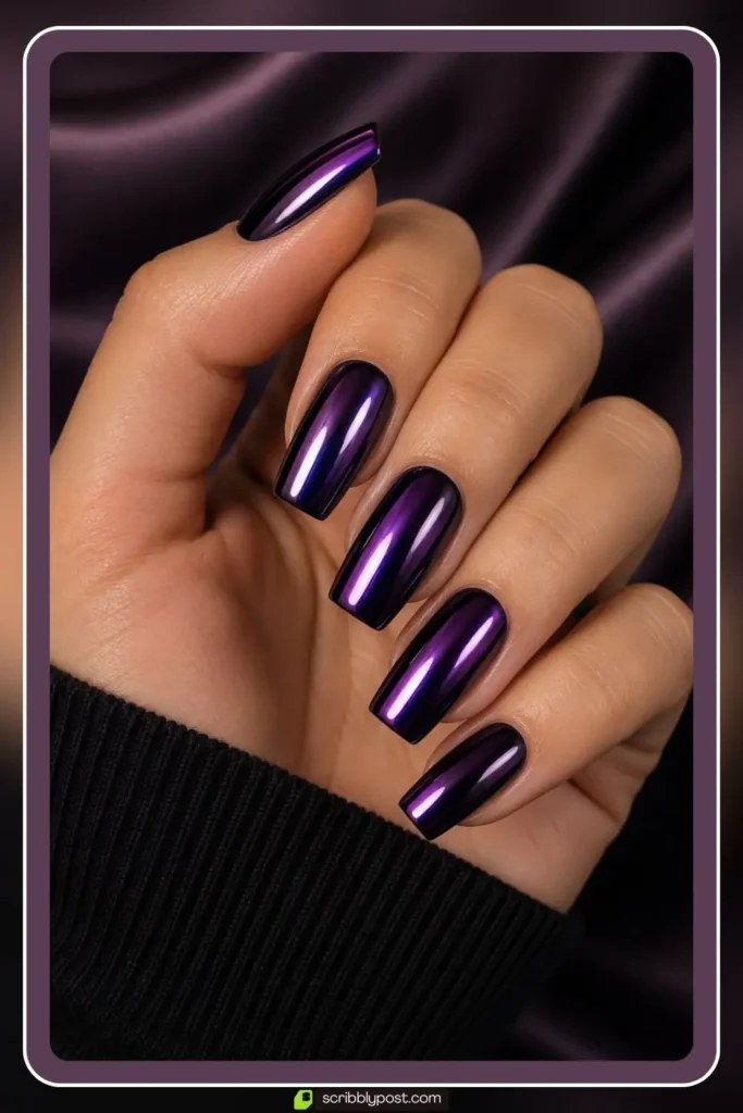 Deep purple chrome nails with amethyst metal finish