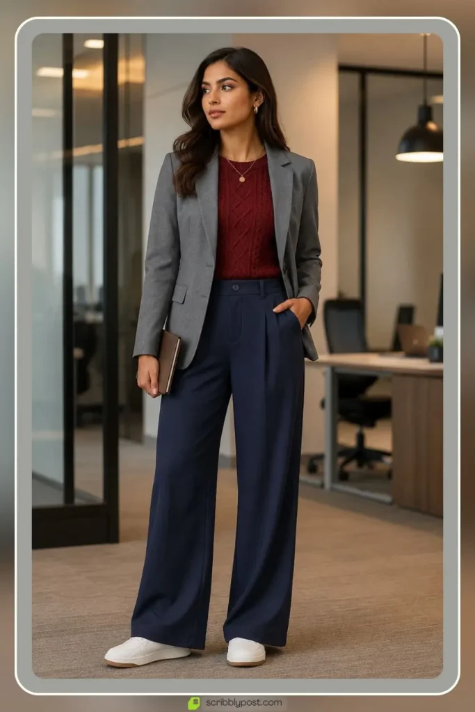 Deep brick red office outfit with tailored pieces