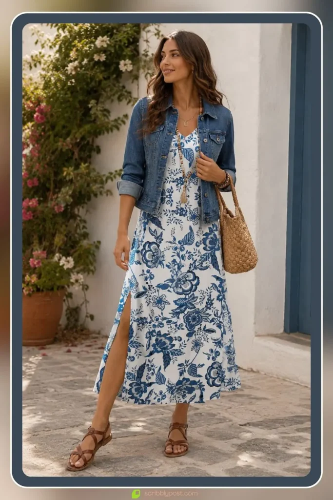 Denim jacket outfit with medium wash fitted jacket over floral midi dress and strappy flat sandals