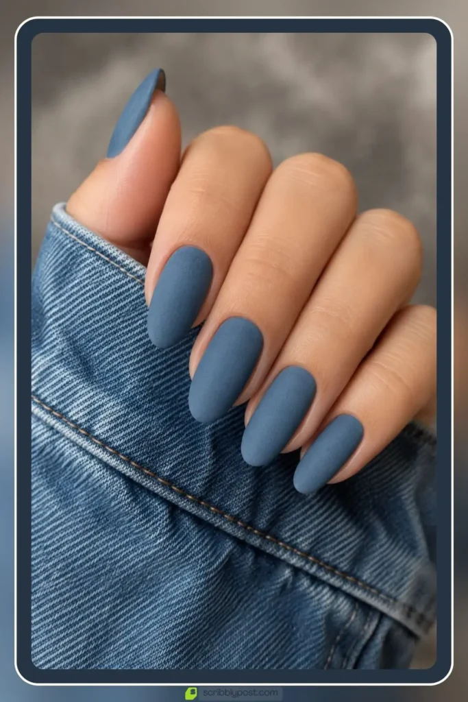 Denim blue matte nails with soft jean texture finish