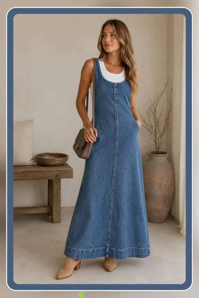 Denim maxi skirt style dress in long column cut