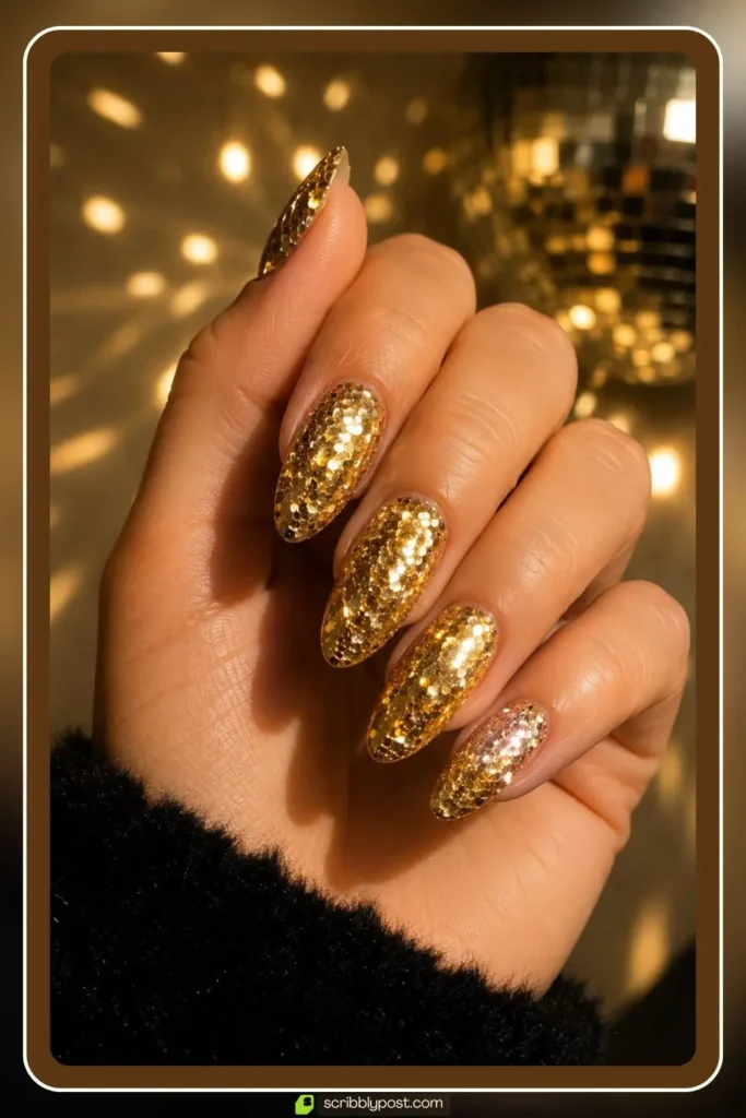 Disco gold party nails with dense sequin glitter shine