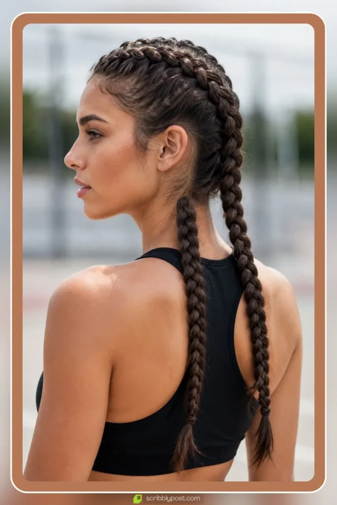 Two scalp braids woven from hairline to nape, Double Dutch Braids, sporty hairstyle for long hair