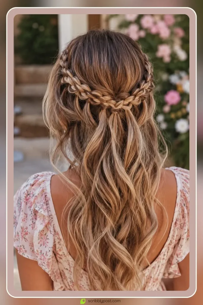 Double waterfall braid crown wrapping around the head