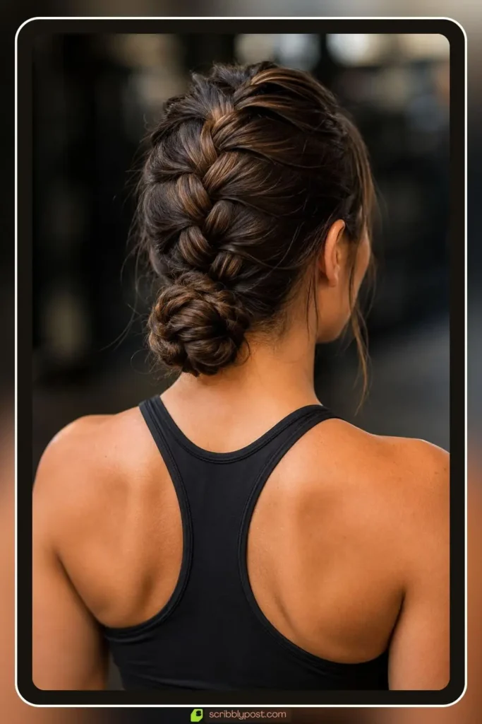 Center Dutch braid coiled into a low nape bun, Dutch Braid Into Low Bun, sporty hairstyle for tournaments