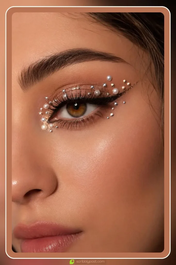 Embellished eye makeup with pearls and gems placed around eye