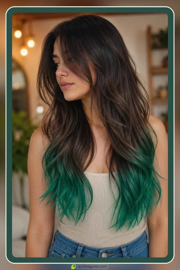 Emerald green dip dye hair color on the ends of long hair