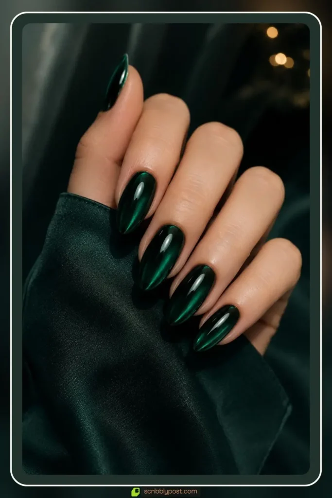 Deep glossy translucent emerald green glass nails for winter