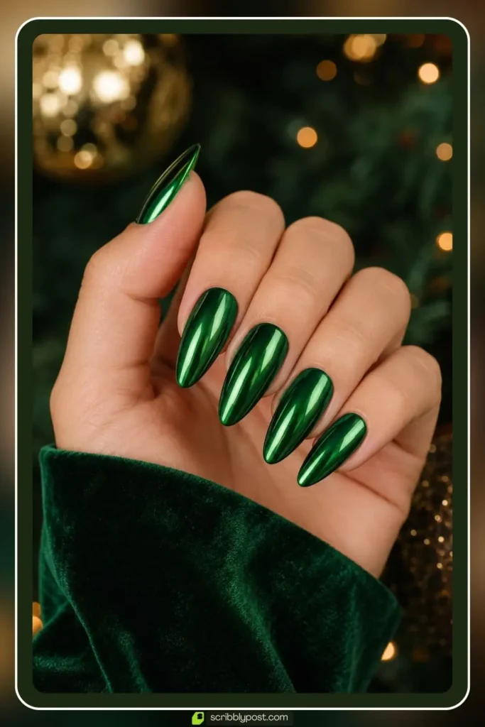 Emerald green chrome nails with deep mirror glow