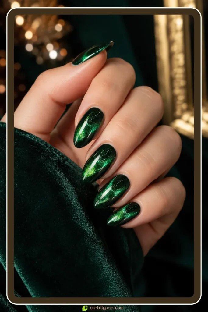 Emerald green cat eye nails with velvet glow on almond shape
