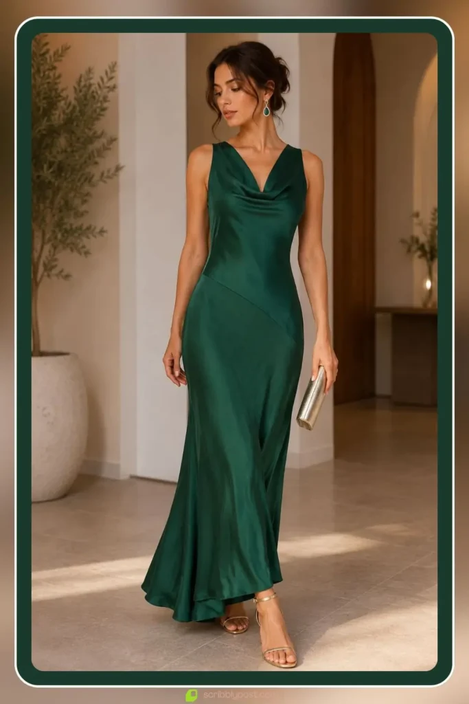 emerald satin maxi dress for an elegant evening engagement party look