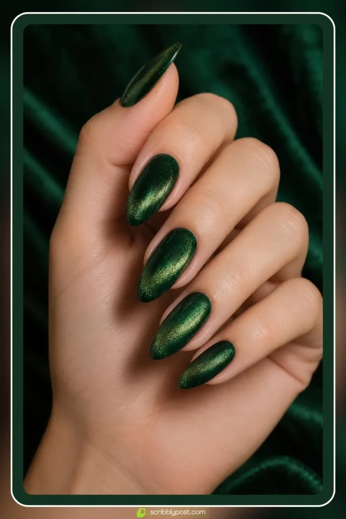 Emerald velvet nails with deep green plush shimmer