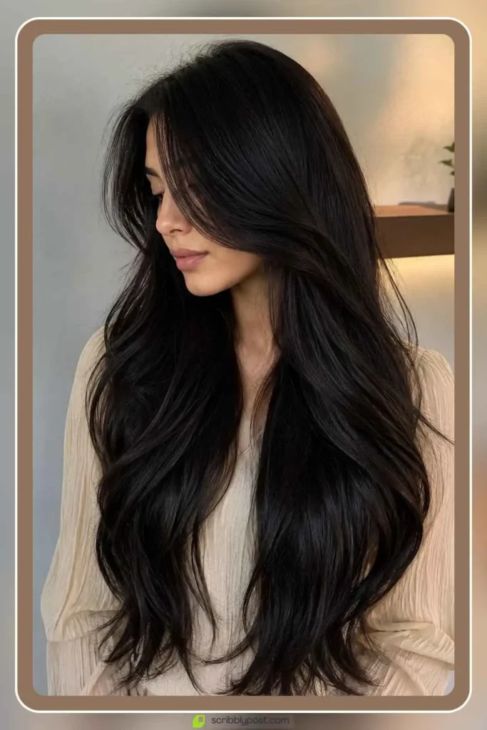 Soft black espresso hair color with subtle warmth on long hair