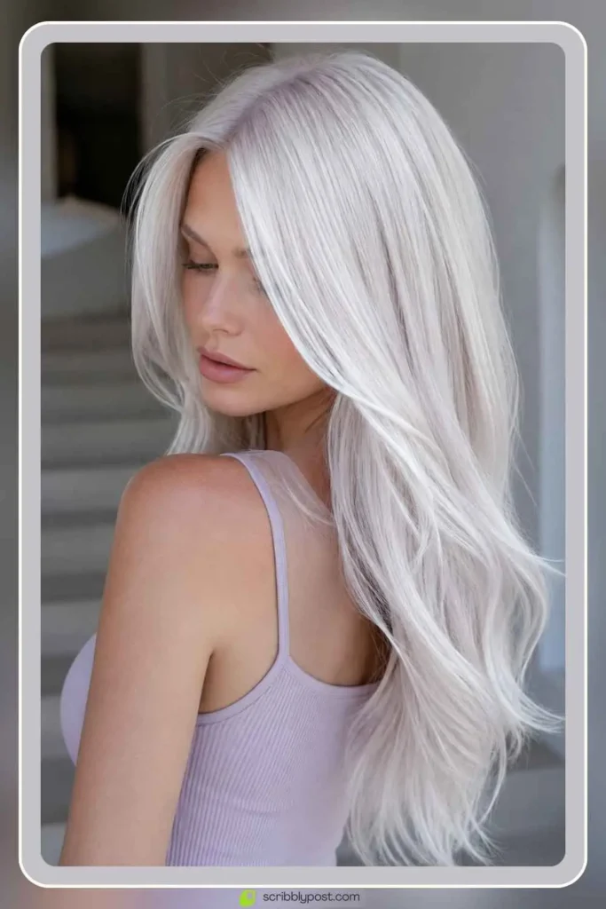 Ethereal platinum blonde hair color with pale white sparkle on long hair