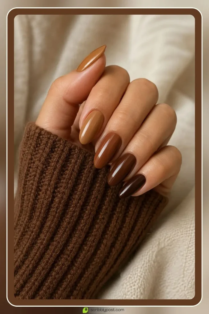 Fall brown nails with layered autumn tones across the hand