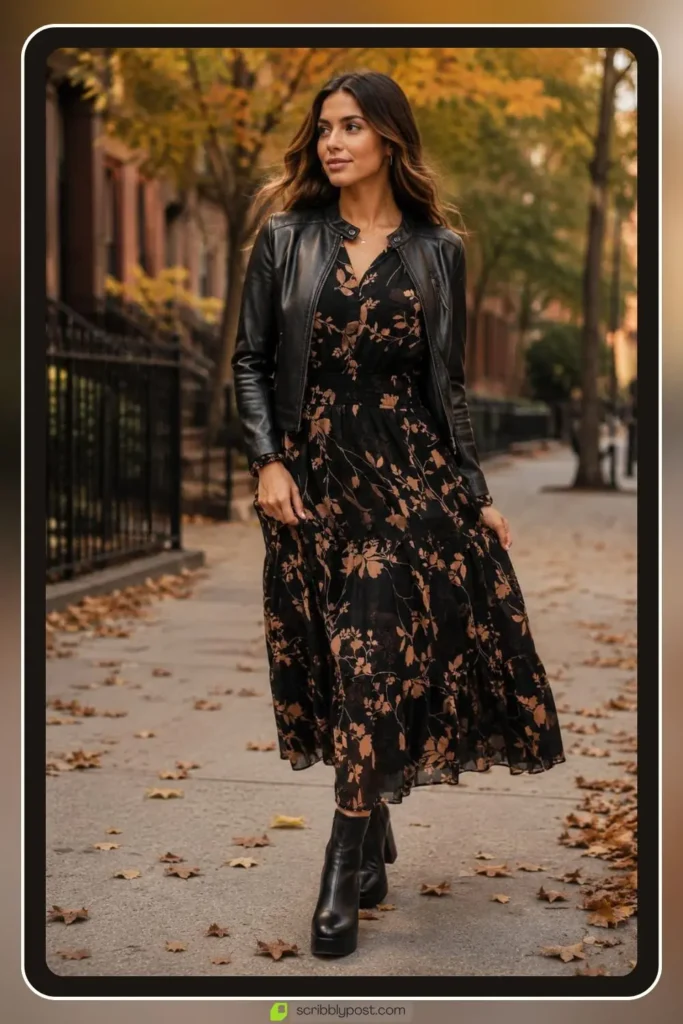 Fall floral dress in dark ground moody blooms