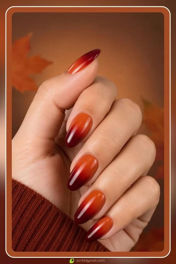 Burnt orange to burgundy gradient fall ombre nails autumn