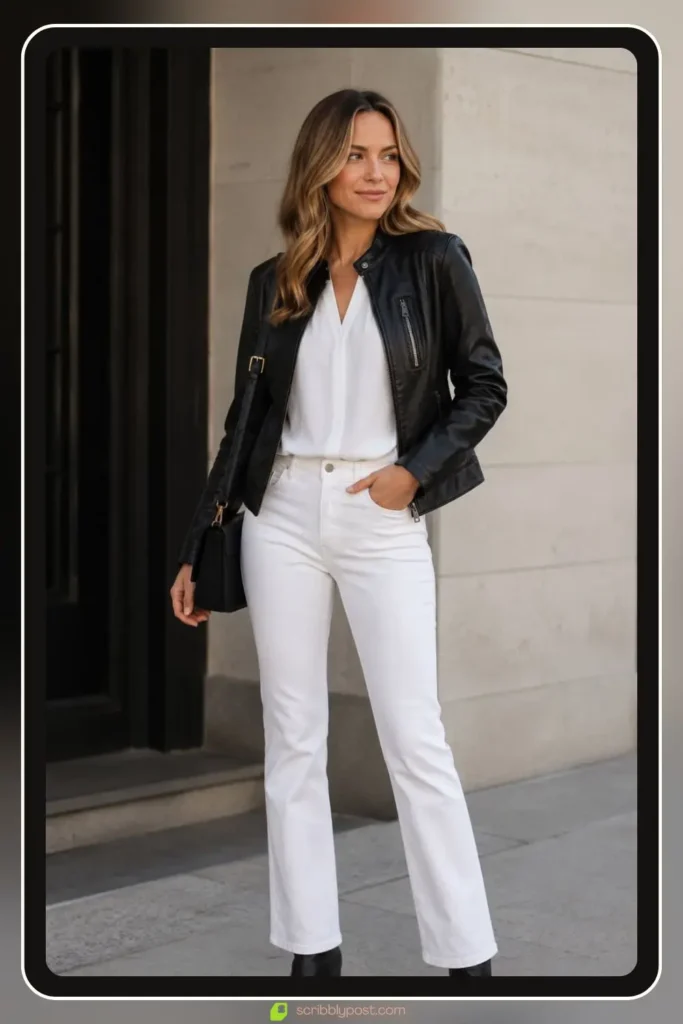 Women's leather jacket outfit with moto jacket over white straight jeans and leather ankle boots