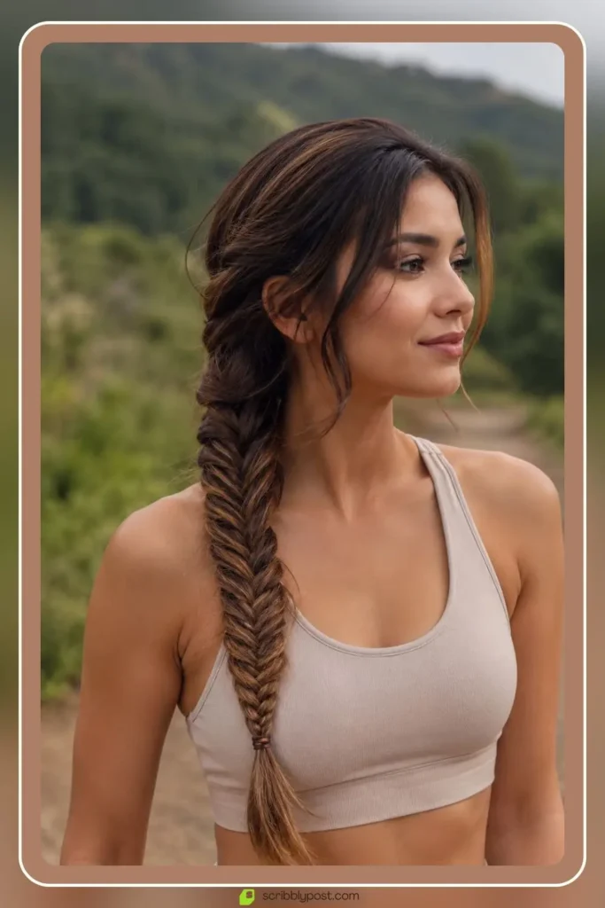 Two strand woven braid pulled over one shoulder, Fishtail Side Braid, low impact sporty hairstyle