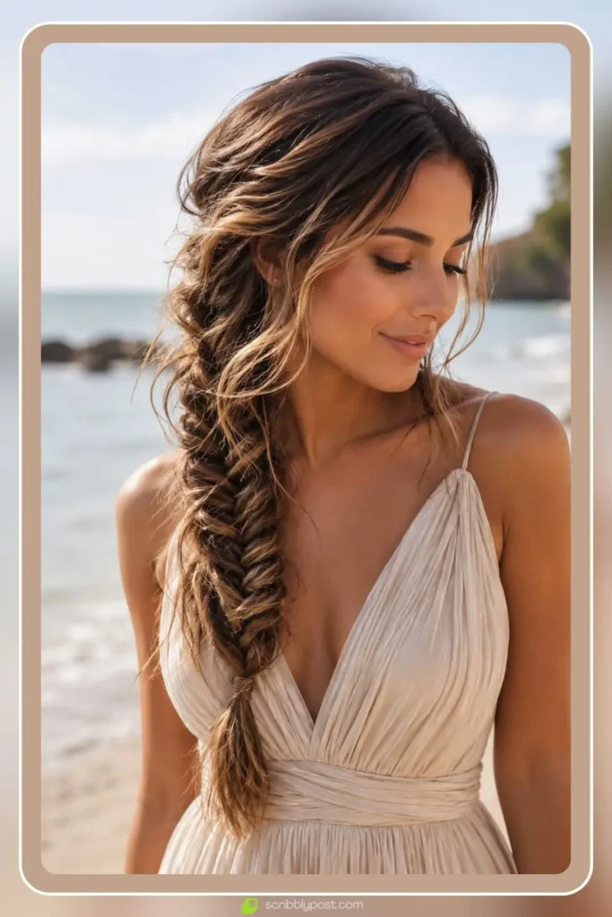Fishtail side braid over one shoulder with gold strand hair wrap for a beach wedding