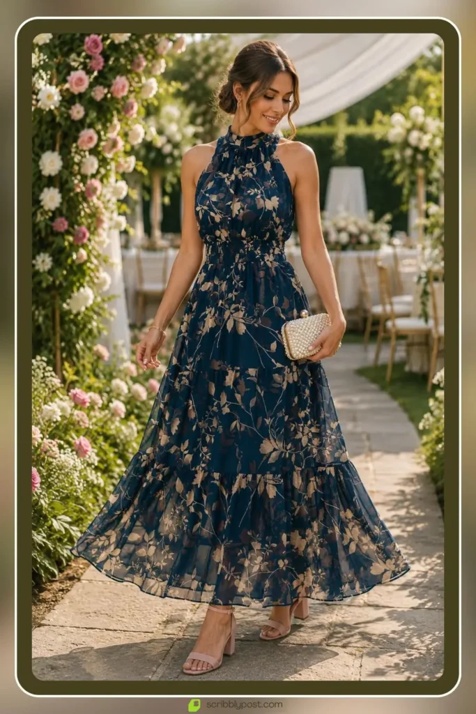 Floral maxi dress for garden wedding guest outfit