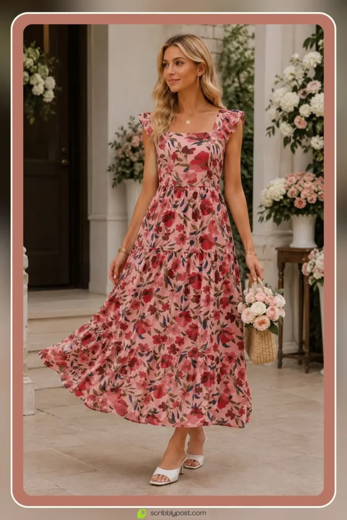 Floral midi dress with flowing skirt movement