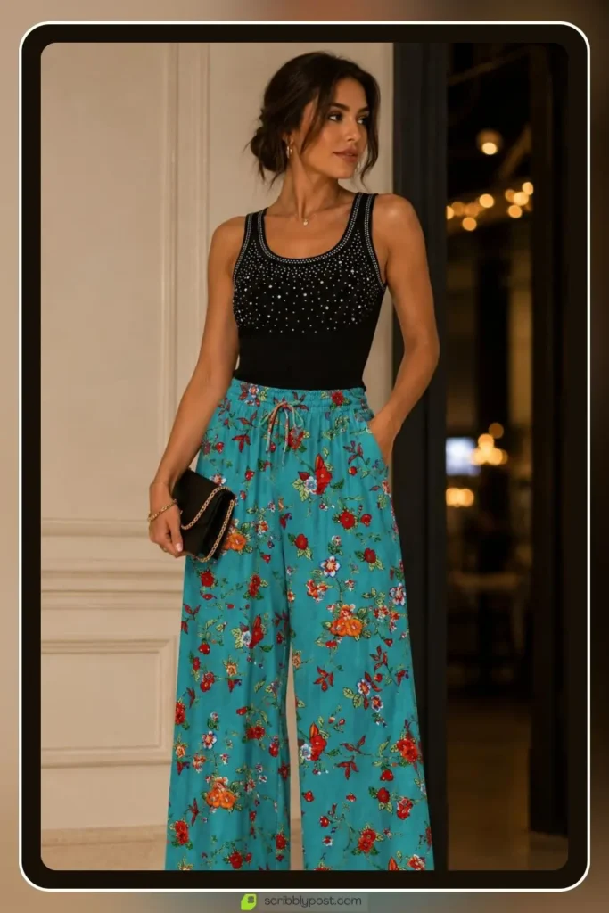 Floral wide leg pants with heels dressed up evening outfit